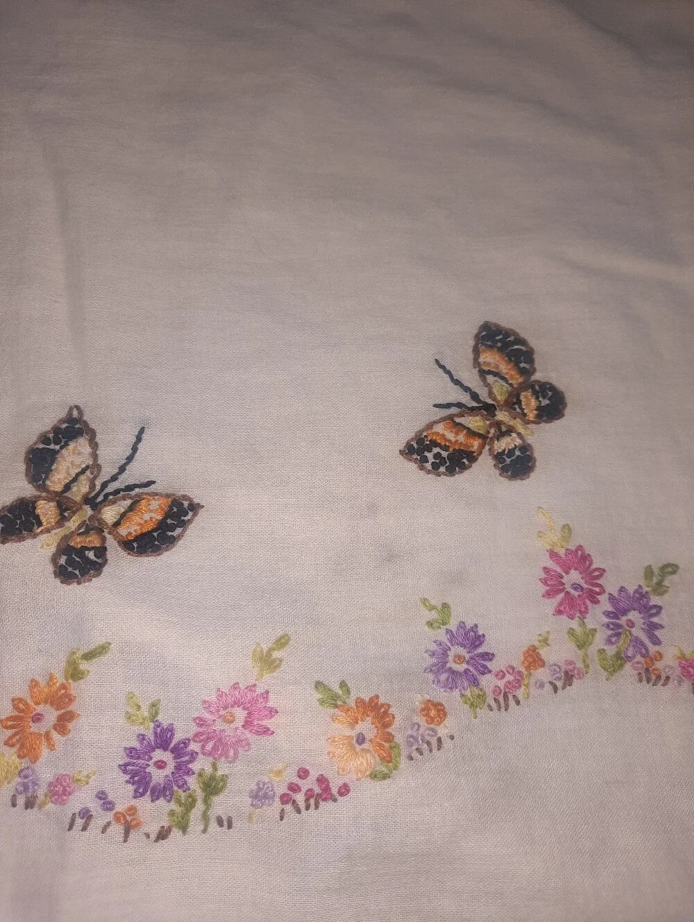 Vintage Embroidered Butterfly Floral Cotton Pillowcase - White with Orange Trim